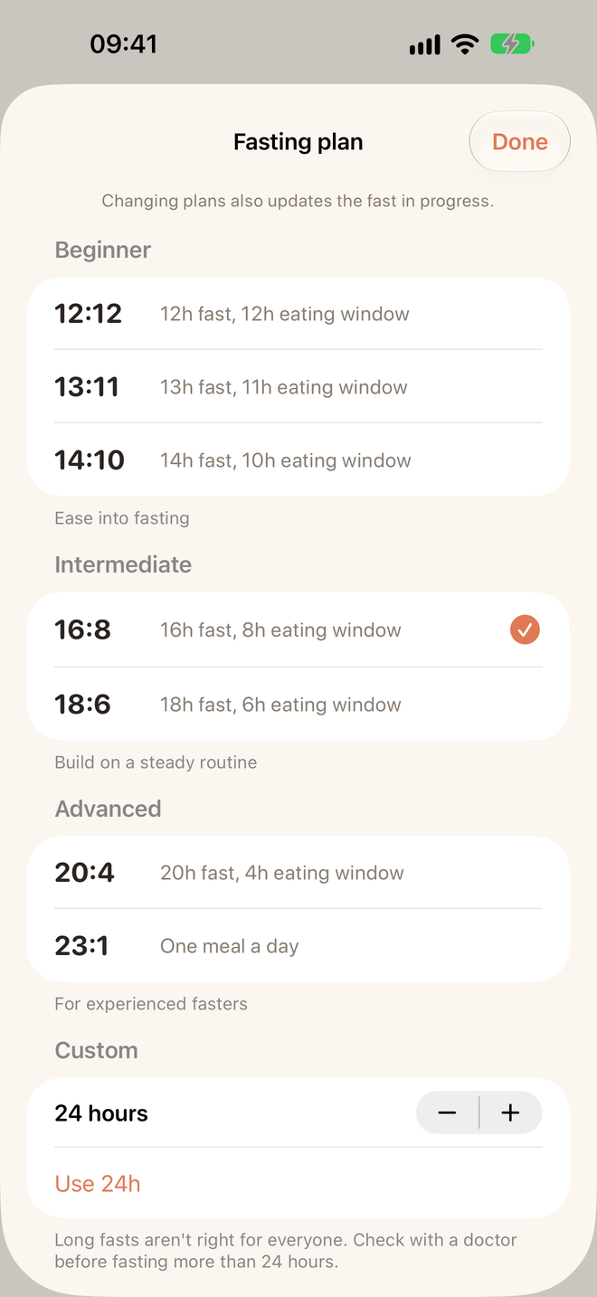 Plan picker listing fasting plans from 12:12 to 23:1